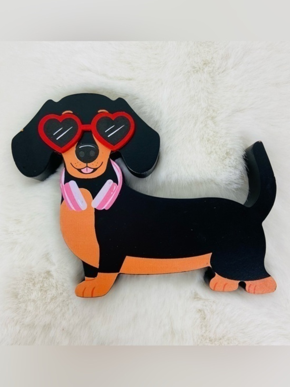 Black & Orange Dachshund Dog shelf plaque Art with red Heart Sunglasses